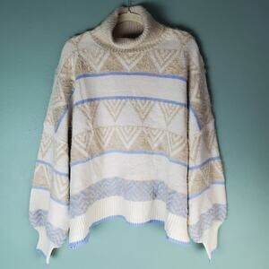 Davi & Dani Womens Ivory Periwinkle Geometric Print Turtleneck Sweater Size 1XL